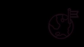 Glowing neon line Planet with flag icon isolated on black background. Victory, winning and conquer adversity concept. 4K Video motion graphic animation.