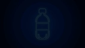 Glowing neon line Bottle of water icon isolated on black background. Soda aqua drink sign. 4K Video motion graphic animation.