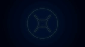 Glowing neon line Gemini zodiac sign icon isolated on black background. Astrological horoscope collection. 4K Video motion graphic animation.