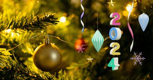 Animation of 2024 text and christmas decorations in background. New year, christmas, festivity, celebration and tradition concept digitally generated video.