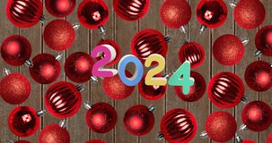 Animation of 2024 text and christmas decorations in background. New year, christmas, festivity, celebration and tradition concept digitally generated video.