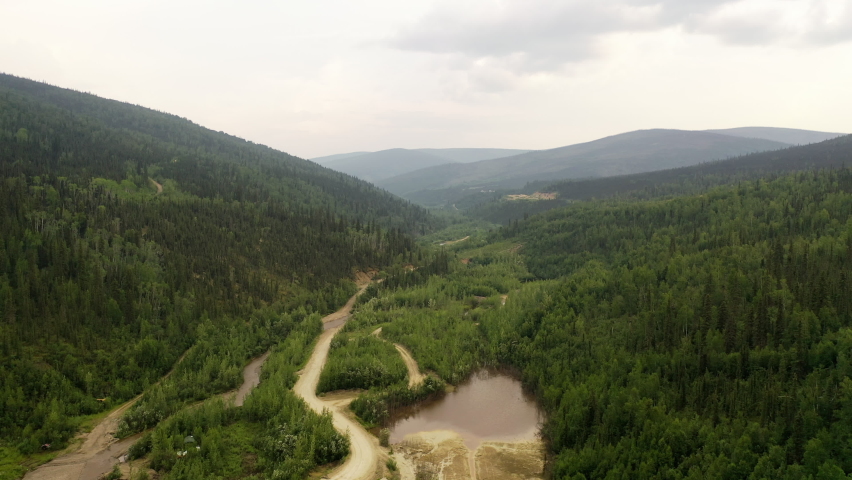 Gold mines near Dawson City in Yukon Territory, Canada. Aerial drone view