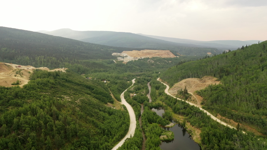 Gold mines near Dawson City in Yukon Territory, Canada. Aerial drone view