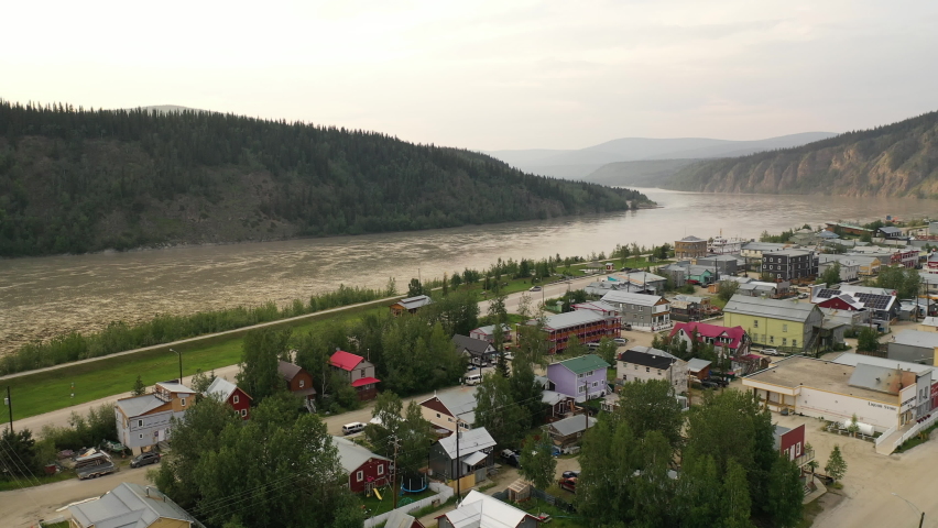 Dawson City in Yukon Territory, Canada. Aerial drone view.  Klondike Gold Rush historical town