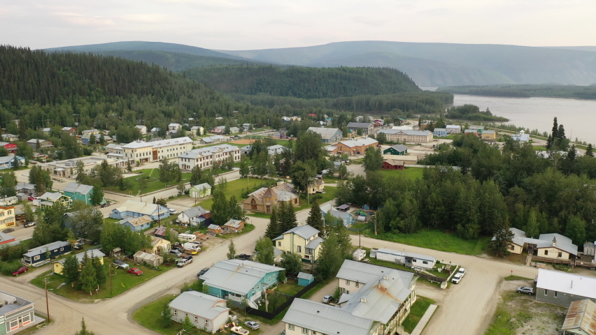 Aerial drone view of Dawson City in Yukon Territory, Canada. Stunning bird