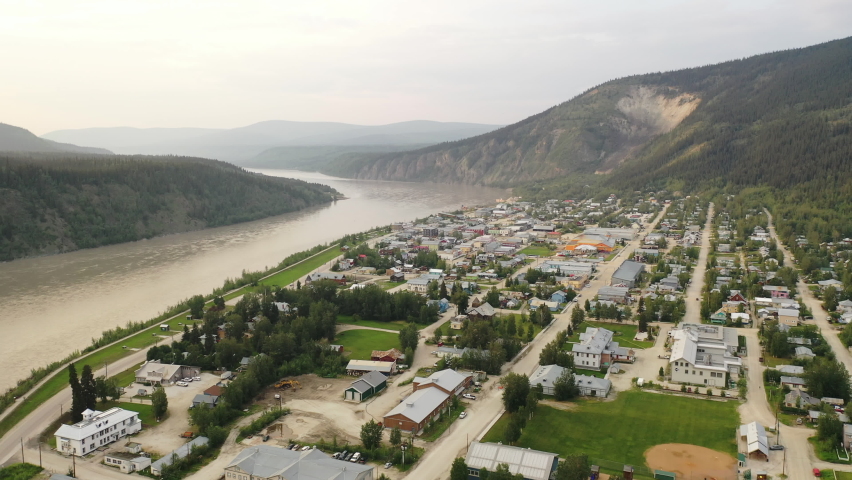 Dawson City in Yukon Territory, Canada. Aerial drone view.  Klondike Gold Rush historical town