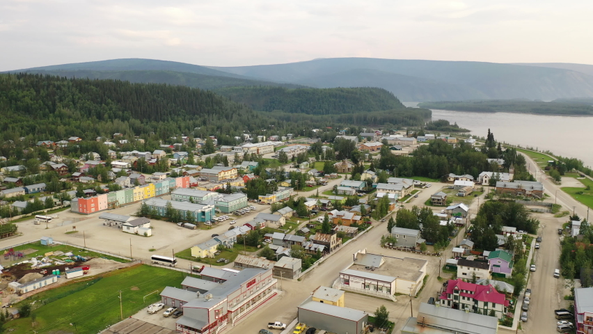 Dawson City in Yukon Territory, Canada. Aerial drone view.  Klondike Gold Rush historical town