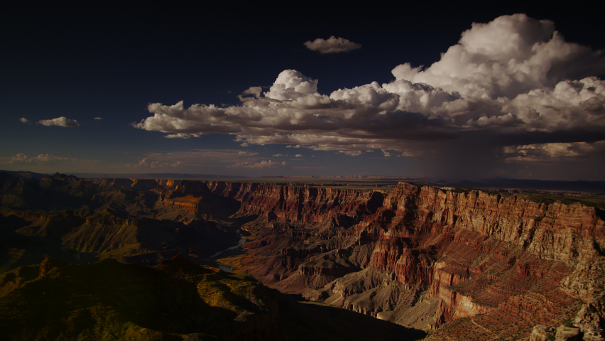 Grand Canyon and the Palisades of the Desert with late-afternoon monsoon thunderstorms dropping a heavy downpour just beyond the east rim from Desert View.