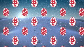 Animation of eggs over snow falling and winter landscape. Christmas, tradition and celebration concept digitally generated video.
