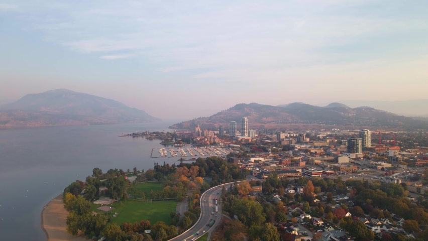 Aerial drone shot of kelowna city skyline, fall, autumn