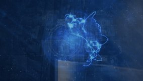 Animation of blue light trails over spinning globe against aerial view of cityscape. Global networking and business technology concept - Powered by Shutterstock - Get 15% off with code: PIKWIZARD15