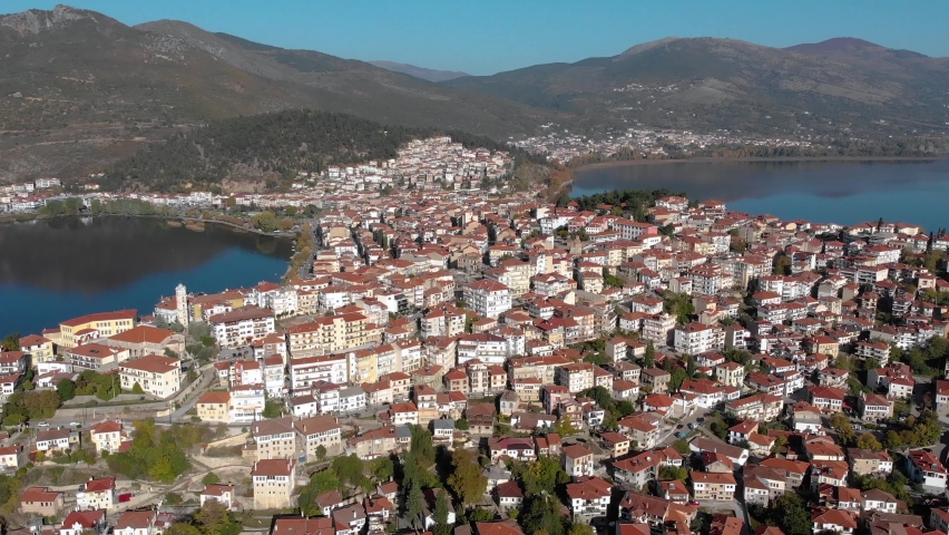 Aerial Pull Back Shot in Kastoria Greece at Dawn, 4K Footage