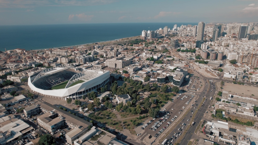 Aerial footage of Tel Aviv-Yafo new bloomfield football stadium, Israel - slide to left #017