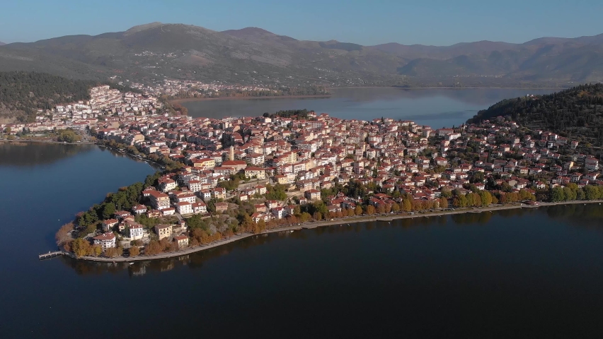 Aerial Point Of interest Shot in Kastoria Greece at Dawn, 4K footage