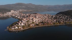 Aerial Point Of interest Shot in Kastoria Greece at Dawn, 4K footage