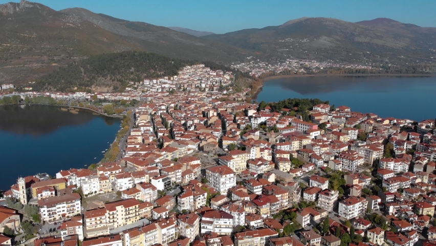 Aerial Pull Back Shot in Kastoria Greece in Early Morning, 4K Footage
