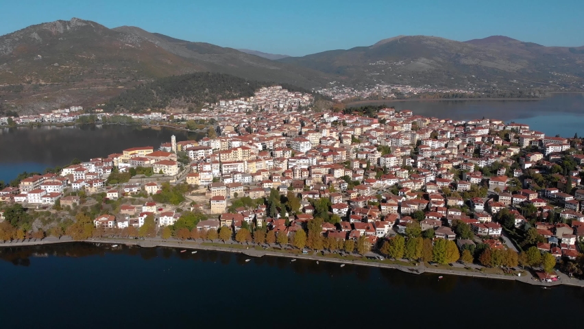 Kastoria Greece, Aerial Dolly Shot in Town Mainland at Dawn, 4K Footage