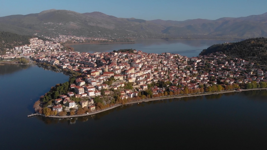 Aerial Point Of interest Shot in Kastoria Greece at Dawn, 4K footage