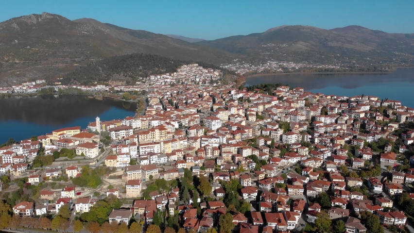 Kastoria Greece, Aerial Dolly Shot in Town Mainland in Early Morning, 4K Footage