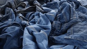 The Blue Jeans, Old denim clothing. Recycle Textile Waste. Fashion industry textile waste problem