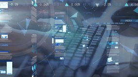 Animation of data processing and globe over hands typing on keyboard. Global technology, computing and digital interface concept digitally generated video. - Powered by Shutterstock - Get 15% off with code: PIKWIZARD15