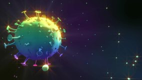 3d video of an animated, rotating, colorful virus