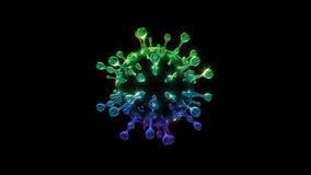 3d video of an animated, rotating, colorful, shiny virus, looping footage
