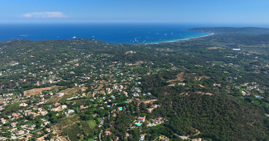 Wide aerial view of scenic Ibiza Island during the summer, Spain.
