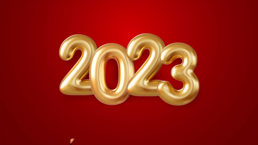 Happy New Year 2023 golden foil balloons on Red background with beautiful 3D golden confetti. Happy New Year celebration concept. Year 2023. | Shutterstock HD Video #1096798911