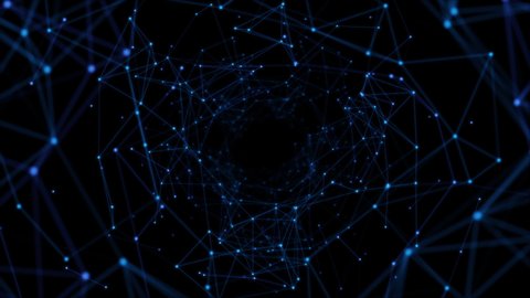 Network connected data tunnel Animation on black background. Connection of data nodes dots, 4K loop Video.: film stockowy