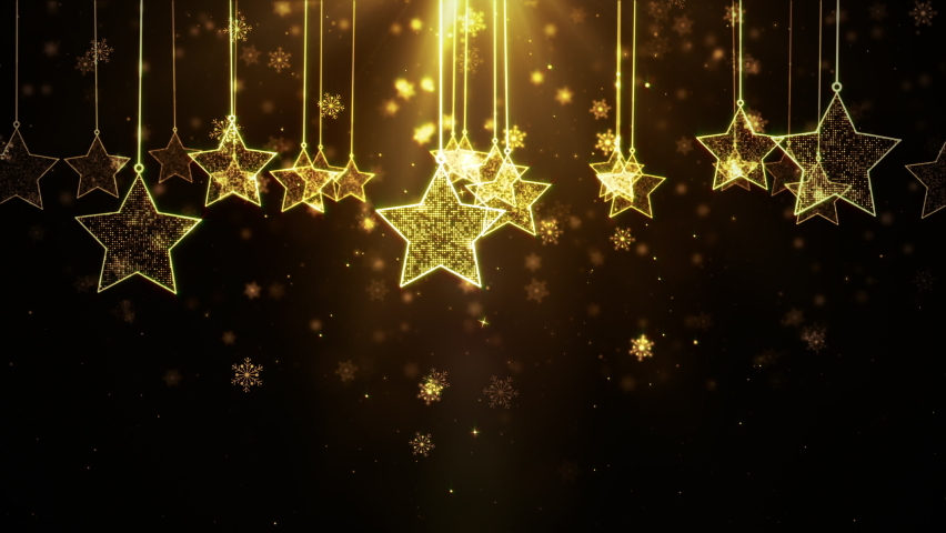 Gold Background Merry Christmas Concept Greeting Video Card Gifts. Christmas Star Shape  with Shining Light With Particles, Falling Snowflakes, Seamless Loops Animation 4k