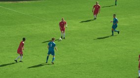 Soccer Football Match Stadium Championship: Red Team Starts Game with a Kickoff, Attacks, Team Takes Away the Ball, Scores the Goal, Celebrates with Stack Pileup. International Tournament - Powered by Shutterstock - Get 15% off with code: PIKWIZARD15