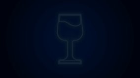 Glowing neon line Wine glass icon isolated on black background. Wineglass sign. 4K Video motion graphic animation.