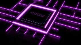 3d chip with neon nets. Design. 3D chip runs computer's software networks. Chip labeled Future Launches new neural network system - Powered by Shutterstock - Get 15% off with code: PIKWIZARD15