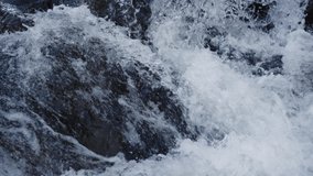 Static video Clear mountain river coming down Powerful water flow Super slow motion 120 FPS, SLO MO, Long footage 4K.