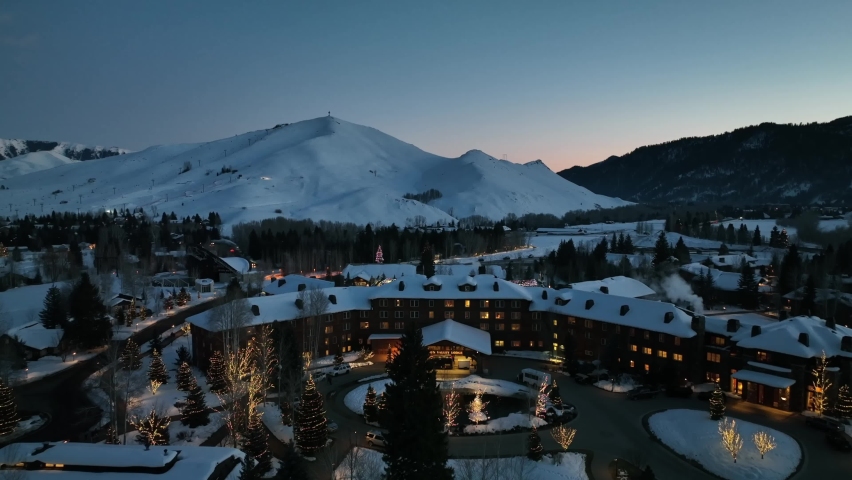 Luxury Vacation Accommodation At Sun Valley Resort With Snow Mountains In Idaho, United States. Aerial Wide Shot