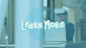 Animation of learn more text banner and globe against caucasian senior man wearing vr headset. Social media networking and business technology concept - Powered by Shutterstock - Get 15% off with code: PIKWIZARD15