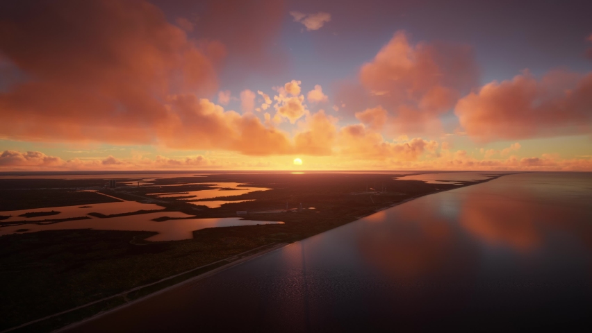 3D - Front aerial view at sunset of Launch Pad 39A Kennedy Space Center, Florida. USA Royalty-Free Stock Footage #1096832855