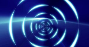 Tunnel of round blue glowing bright neon rings. Abstract background. Screensaver, video in high quality 4k