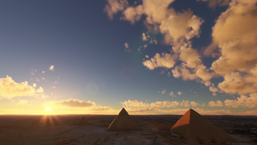 3D - Aerial circular view of the Pyramids of Giza, Pyramids of Giza at sunset in Egypt Royalty-Free Stock Footage #1096833633