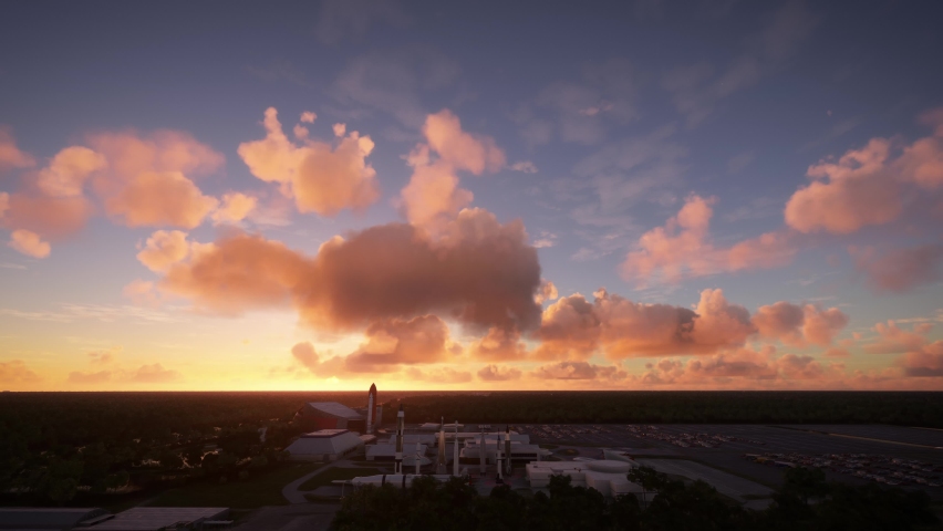 3D - Side aerial view at sunset of Kennedy Space Center Visitor Complex, Florida. USA Royalty-Free Stock Footage #1096834031