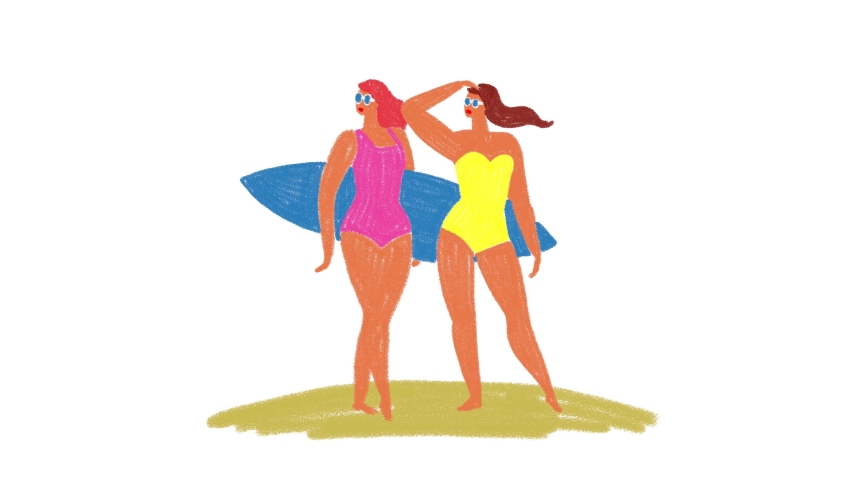 Girls in bathing suits. Surfboard. Summer rest. Day off. Vacation. The wind ruffles your hair. Good mood. Animated illustration.
