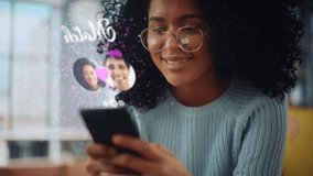 Augmented Reality Dating Concept: Awesome Black Girl Uses Smartphone for Browsing Social Media Dating App. Lovely Young Brazilian Woman Searching for True Love with the Help of AI Powered Software - Powered by Shutterstock - Get 15% off with code: PIKWIZARD15