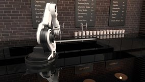 Robot barista making coffee, Robotic arm serving hot coffee