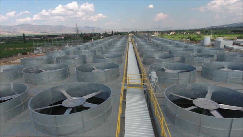 Drone view of geothermal power plant roof turbines