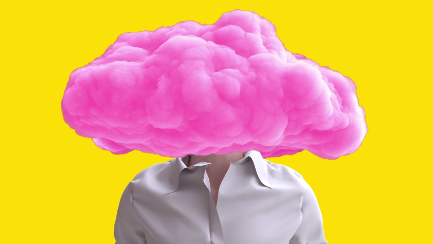 Man body in cloth with pink cloud on head. Realistic 3d art composition in creative modern stop motion style. Minimal abstract graphic concept design. Fashion loop animation. | Shutterstock HD Video #1096842241