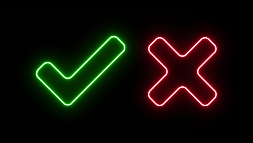 Glowing Neon Animated True and False symbols accept rejected for evaluation Modern icons style isolated on Black Background. Illuminated Glowing Neon X and Tick signs animations. Glowing Isolated Set. Royalty-Free Stock Footage #1096843159