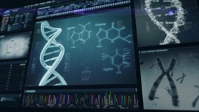 Computer User Interface shows DNA Strand Analysis. Medical profile of patient. Nucleic Acid Double Helix on Computer Screen. Molecular Biology Research Animation. Cell Mitosis, Chromosome Animation.  - Powered by Shutterstock - Get 15% off with code: PIKWIZARD15