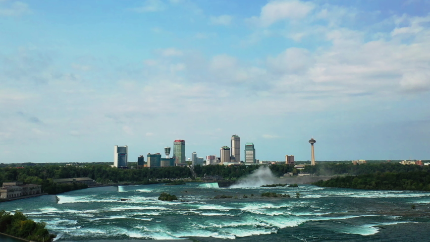 Aerial of skyline of Niagara Falls, Ontario, Canada 4K