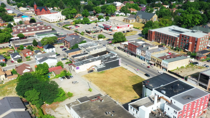 Aerial hyperlapse zoom of Woodstock, Ontario, Canada cityscape 4K